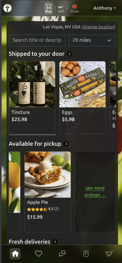 Tekel mobile marketplace with shipped, pickup, and delivery listings
