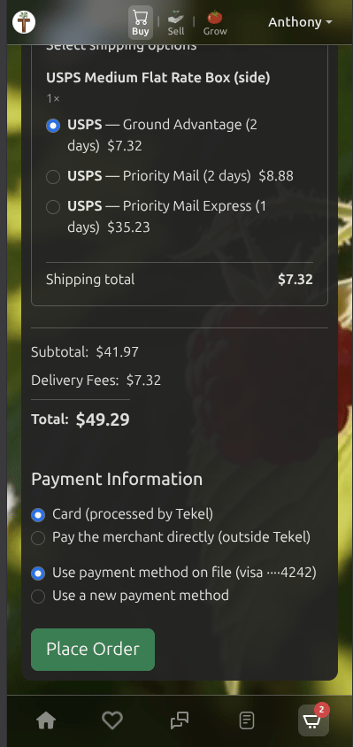 Tekel mobile checkout payment step with escrow processing