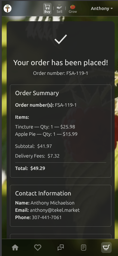 Tekel mobile order confirmation with itemized receipt