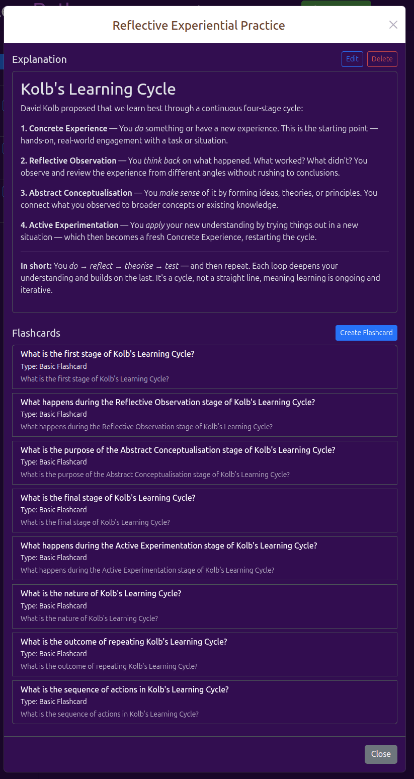Masterypath node detail with Kolb learning cycle explanation and flashcards