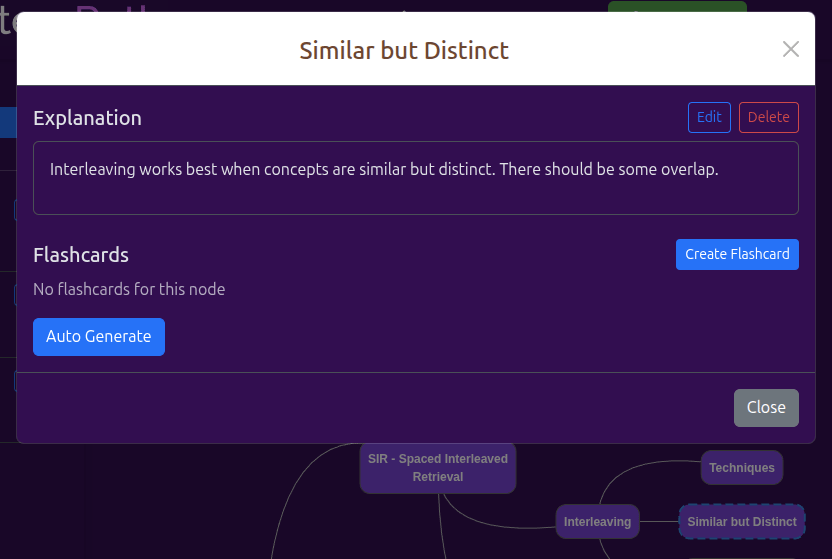 Masterypath node modal for interleaving concepts with flashcard generation