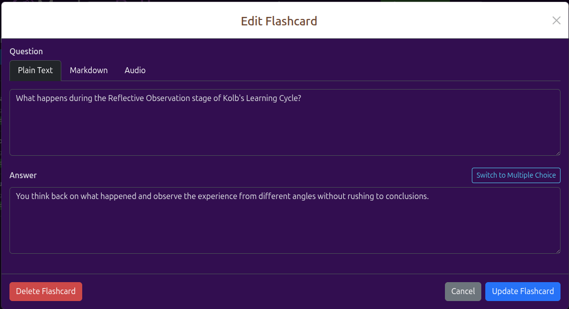 Masterypath flashcard editor with plain text markdown and audio modes