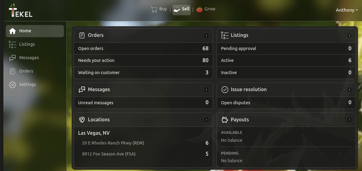 Tekel merchant seller dashboard with orders listings and payouts