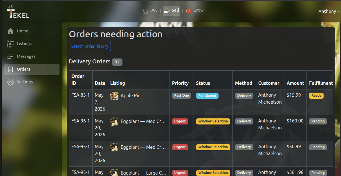 Tekel merchant order queue with priority and fulfillment status