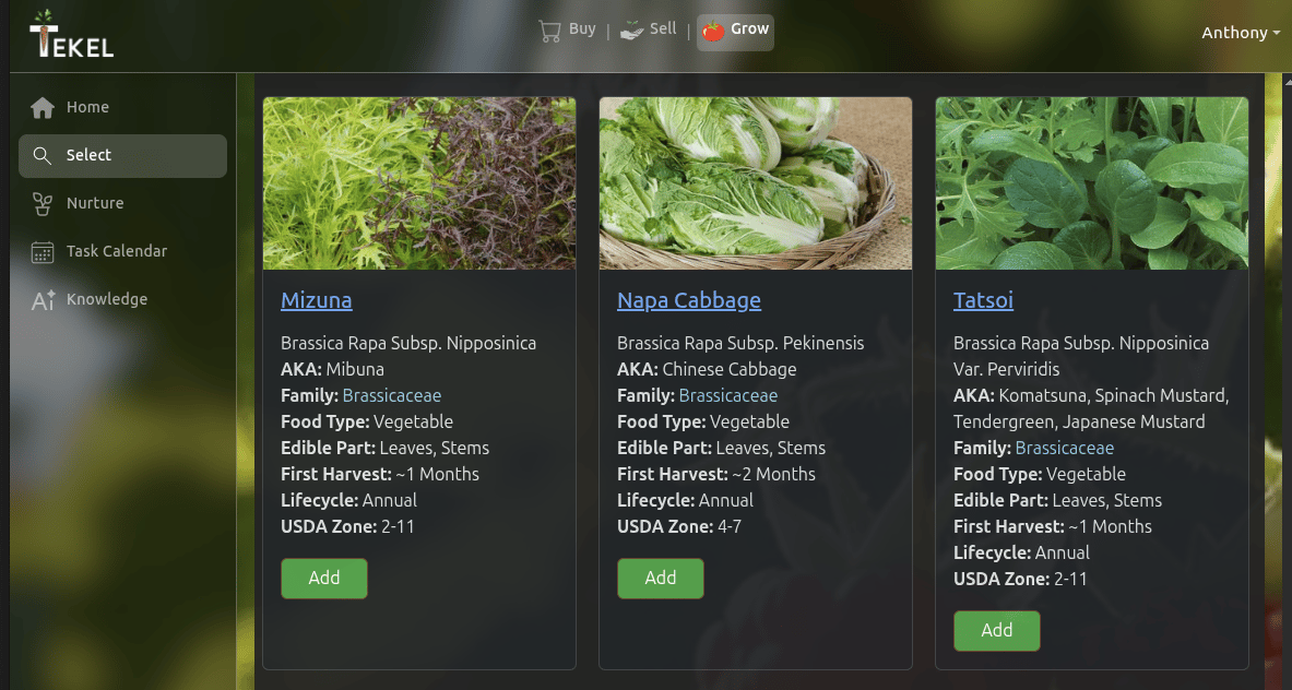Tekel Grow mode brassica plant selection grid
