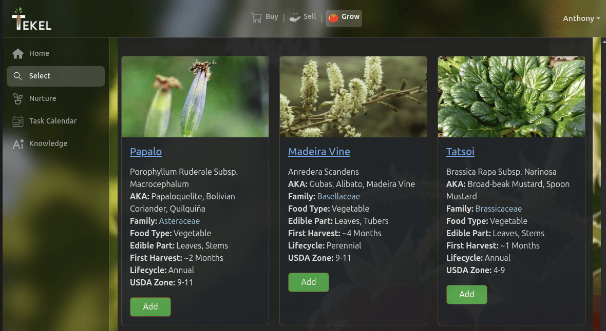 Tekel Grow mode plant catalog with botanical metadata