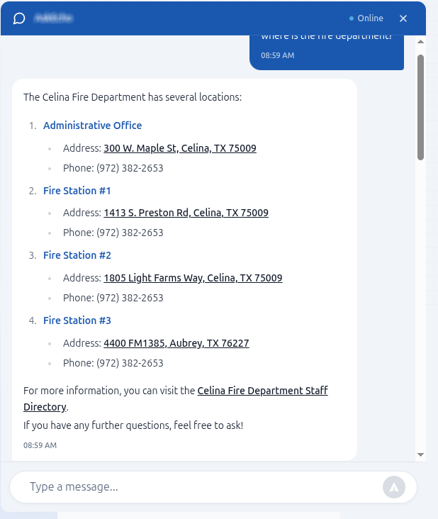 Embedded chat assistant answering a citizen question with cited department locations