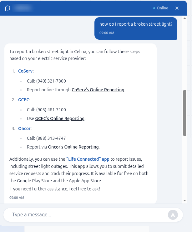 Chat assistant routing a service request to the correct utility contacts