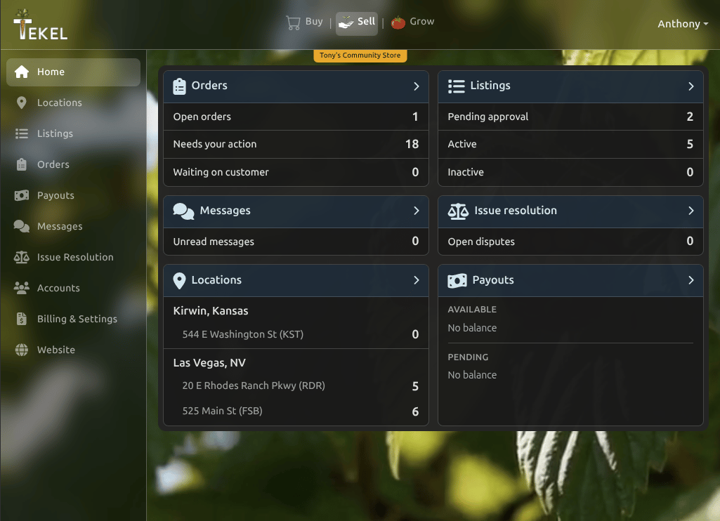 Tekel merchant seller dashboard with orders listings and payouts