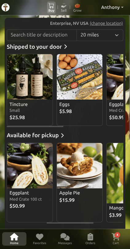 Tekel mobile marketplace with shipped, pickup, and delivery listings