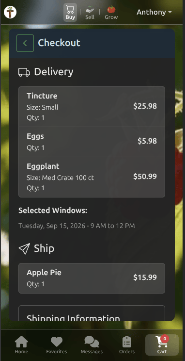 Tekel mobile checkout with delivery and ship line items and prices