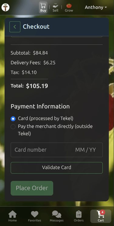 Tekel mobile checkout with order totals and Tekel-processed card payment