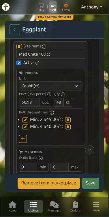 Tekel mobile listing editor with size options, pricing, and bulk discount tiers