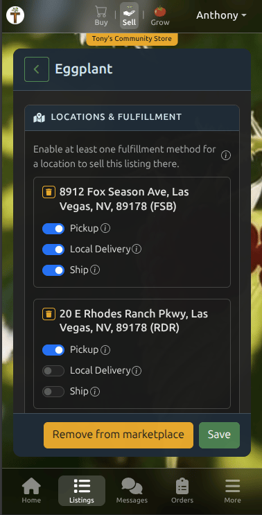 Tekel mobile listing editor with per-location fulfillment toggles