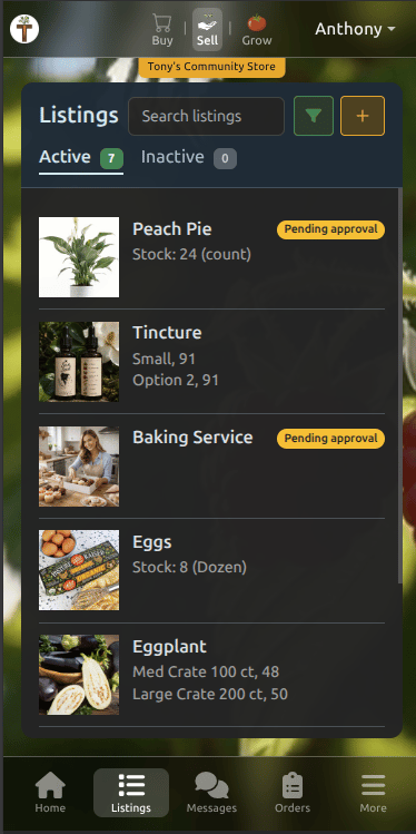 Tekel mobile merchant listings list with active and pending items