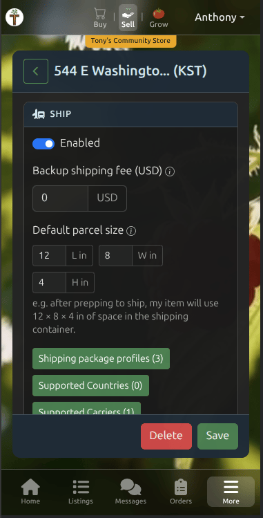 Tekel mobile location ship configuration with parcel dimensions